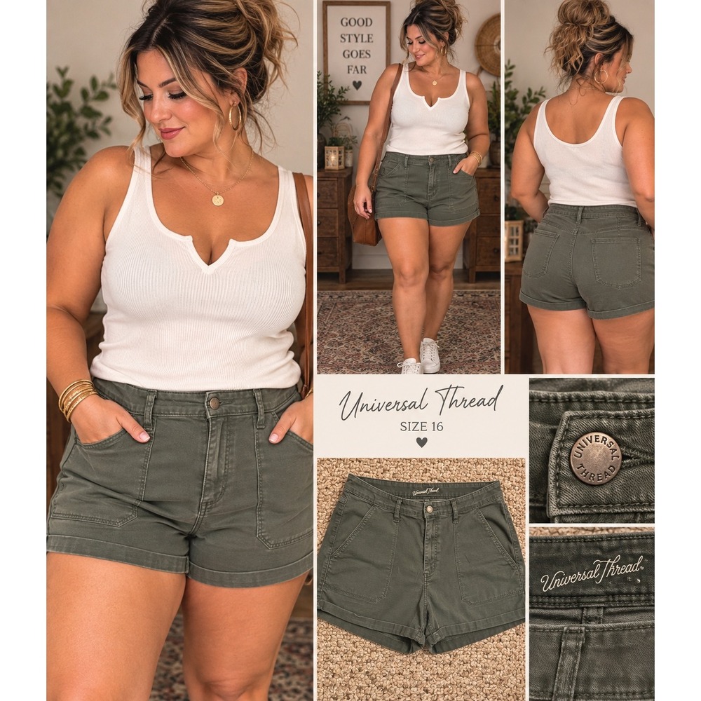 Universal Thread Shorts Womens 16 Olive Green Good High Rise Midi Utility 33